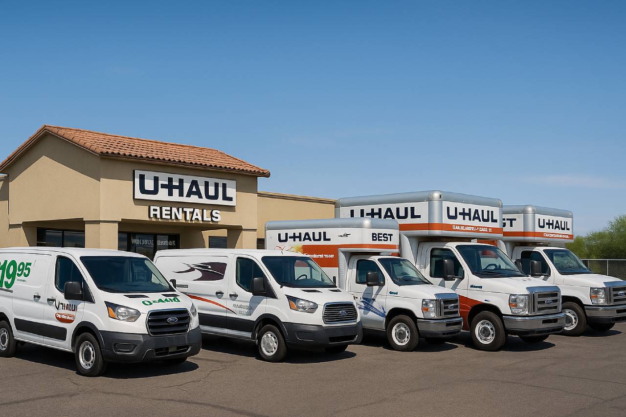 U-Haul rental trucks outside storefront